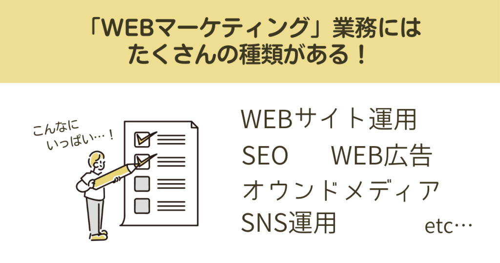 Webマーケティング業務にはたくさんの種類がある！
Webサイト運用・SEO・Web広告・オウンドメディア・SNS運用　 etc...