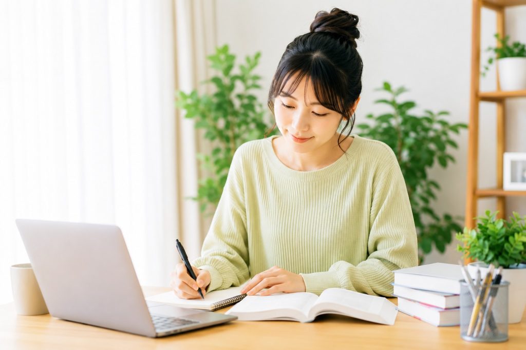 資格取得をめざし、机に向かって勉強する女性の画像